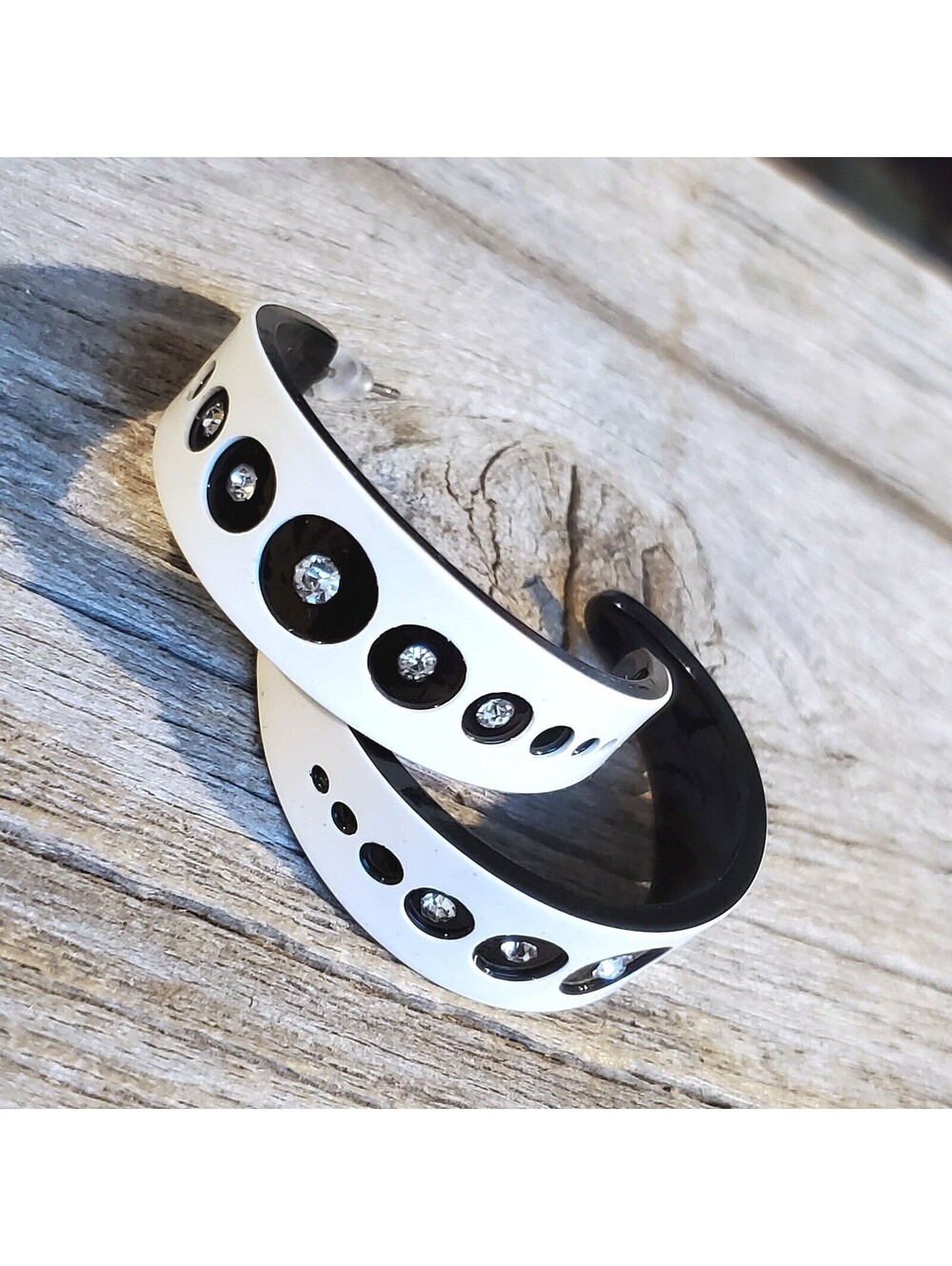 Vintage Y2K White Black Lucite Austrian Crystal Hoop Circles Earrings